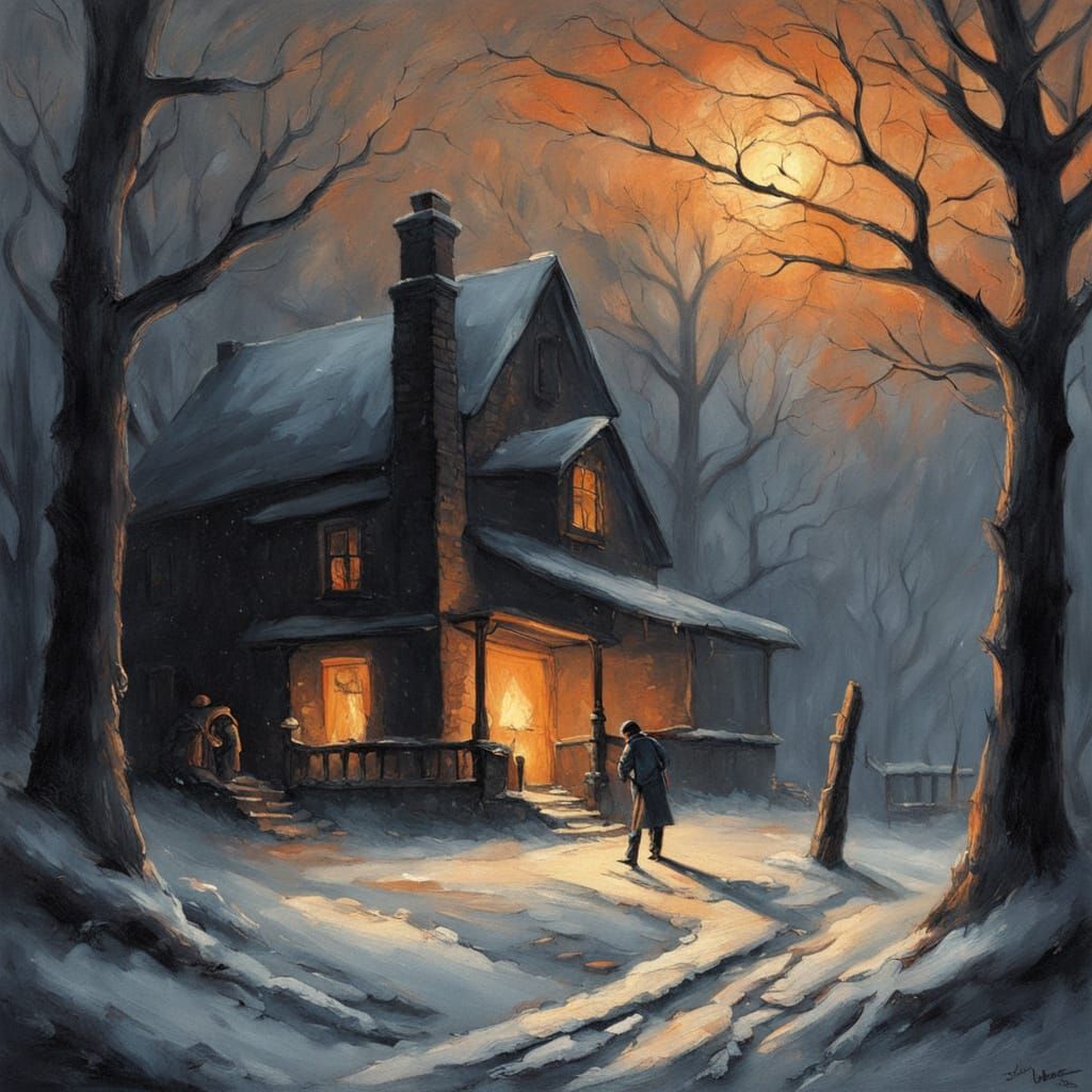 Dark Fantasy Winter Cabin Scene With Lone Figure and Firelig...