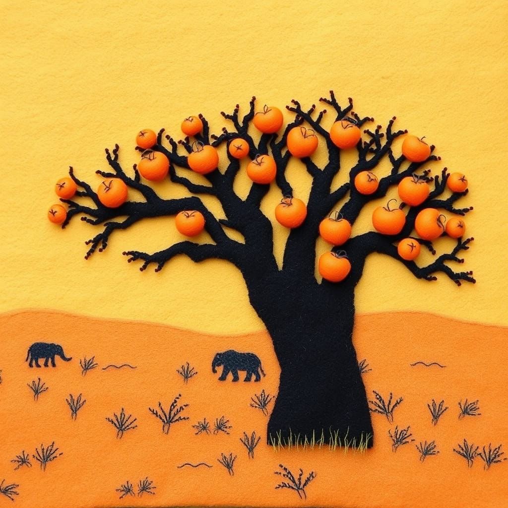 Vibrant Felted Baobab Tree Bears Juicy Orange Fruits