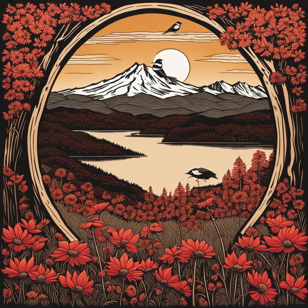 Woodcut Chickadee with Vermont Mountain View