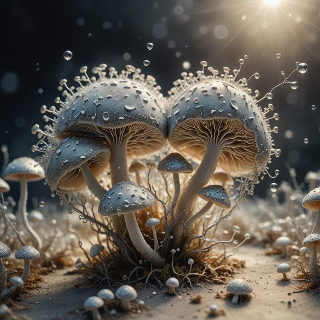Surreal Heart of Mushrooms in Silver Dust