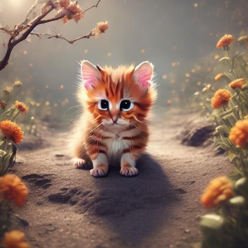 Orange Kitten in Spring Garden: Detailed Matte Painting