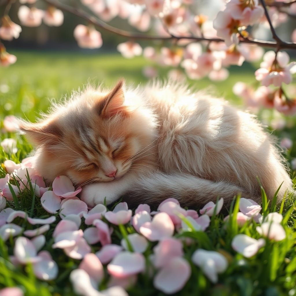 Fluffy Cat Sleeping Peacefully Under Peach Blossoms