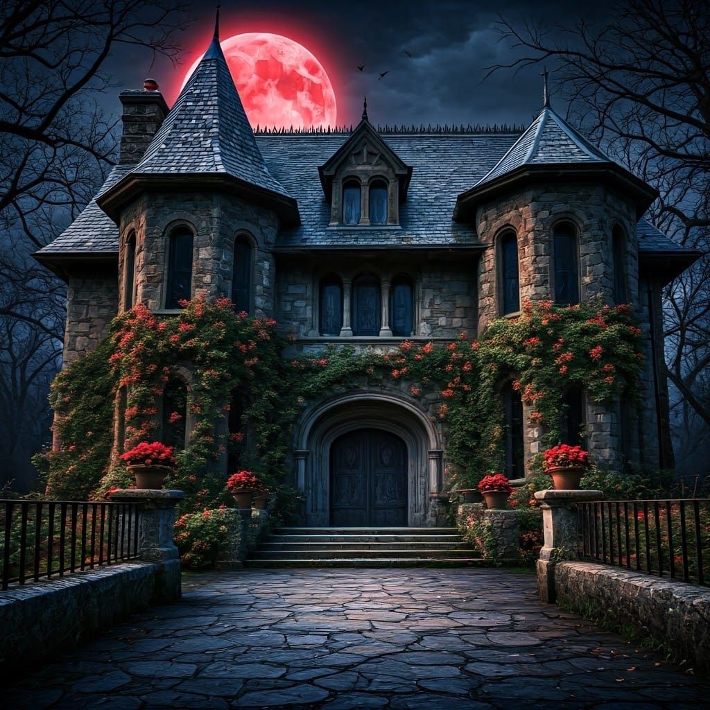 Eerie Old Mansion in Moonlight: Expressionist Painting