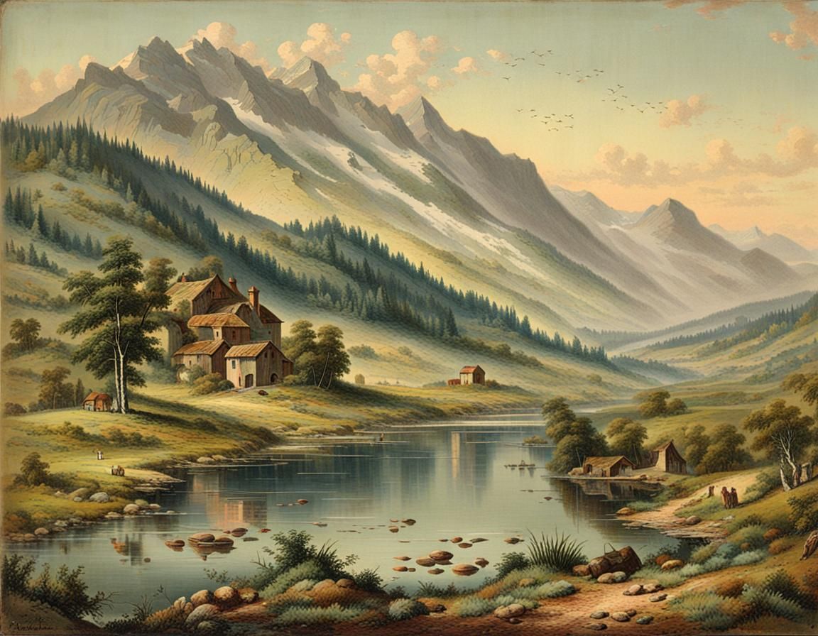 Colorful Landscape in Chromolithography Style