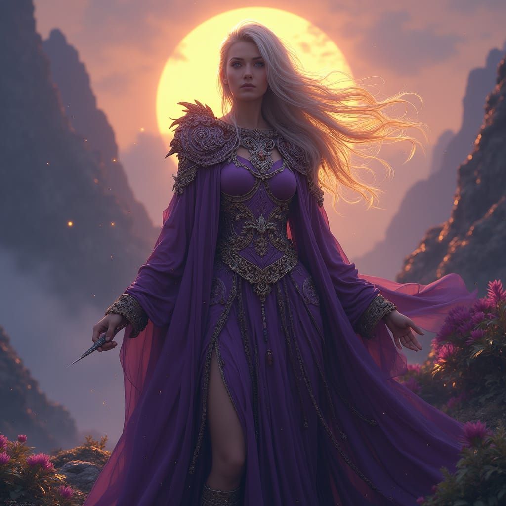 Majestic Mountain Goddess in Dark Fantasy Landscape