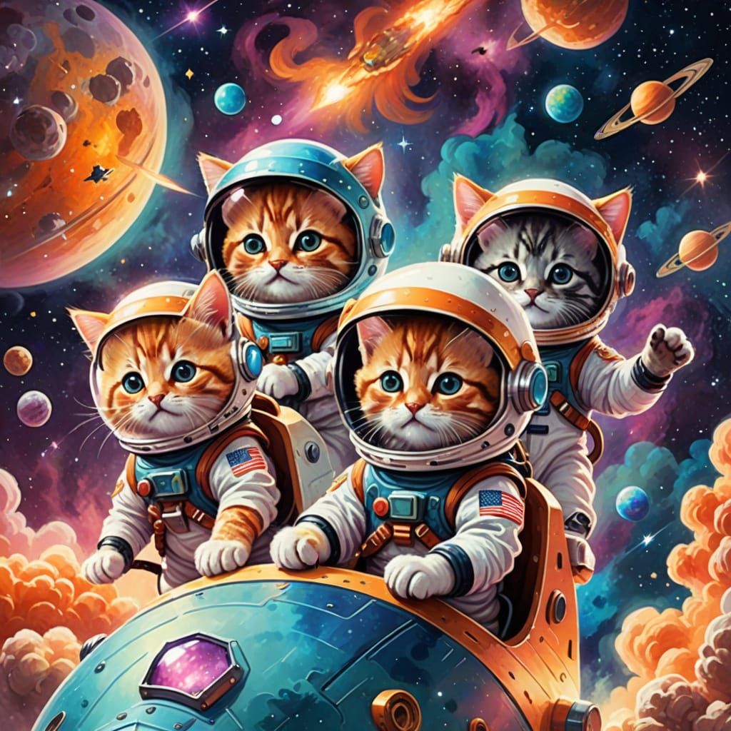 Whimsical Space Kittens Explore the Cosmos in Storybook Styl...