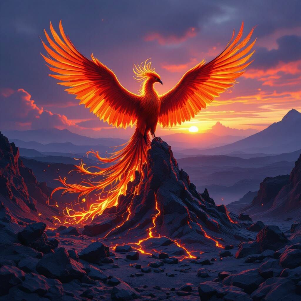 Majestic Phoenix Rises from Volcano Ashes at Sunset