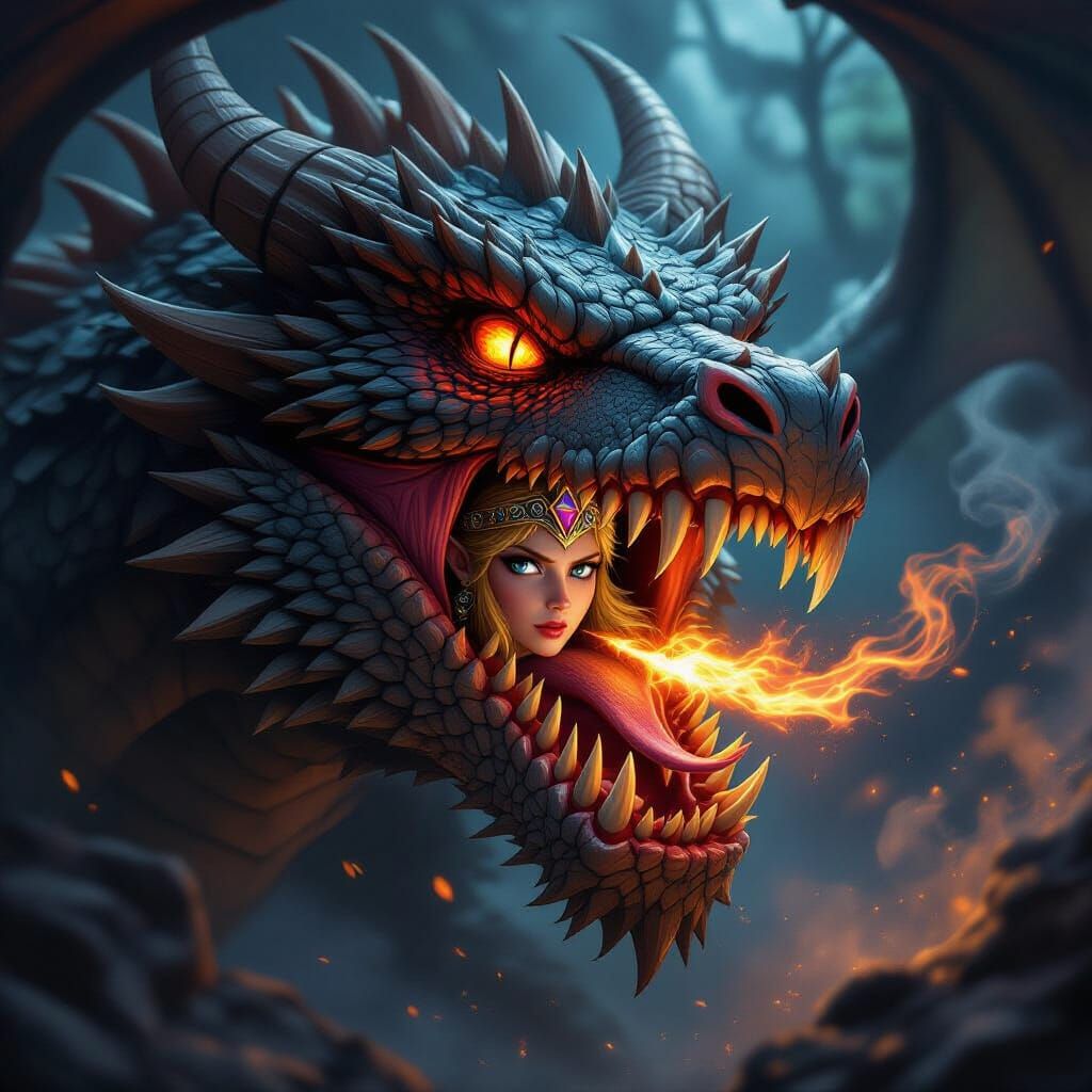 Zelda Trapped in Dragon's Mouth: Hyperrealistic Concept Art