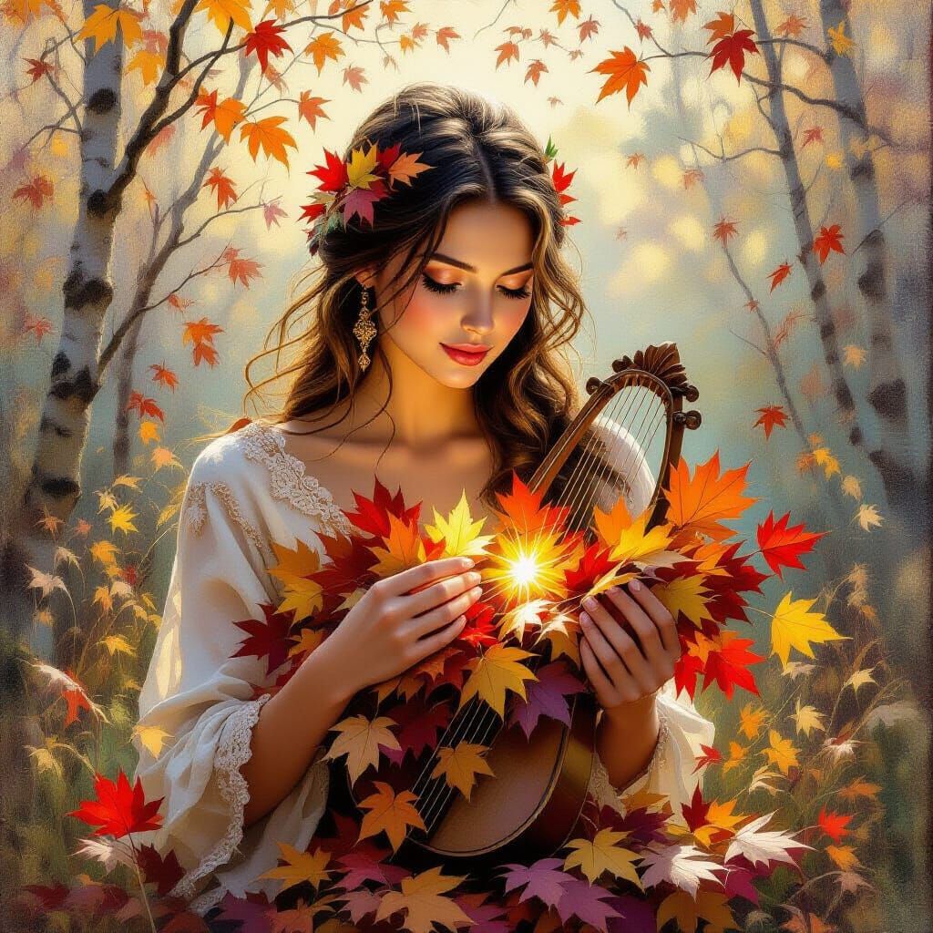 Woman Weaves Autumn Leaves into Lyre, Spreading Light