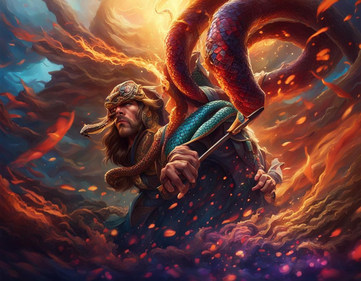 Heroic Rian with Bow and Snake: Hyperrealistic Concept Art