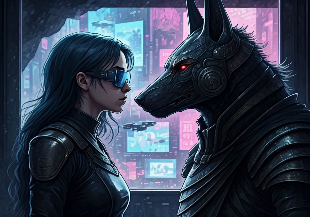 Anubis and Ashildr in Cyberpunk Cityscape Illustration