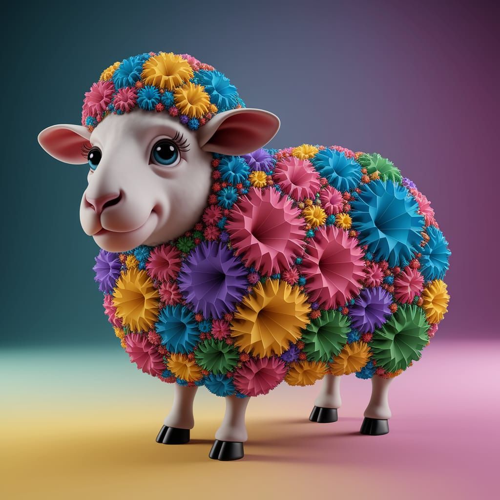 Whimsical Sheep in 3D Fractal Yarn