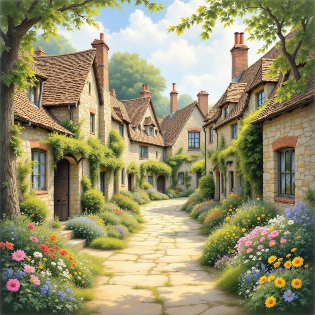 Gouache Painting of a Charming Vintage Village