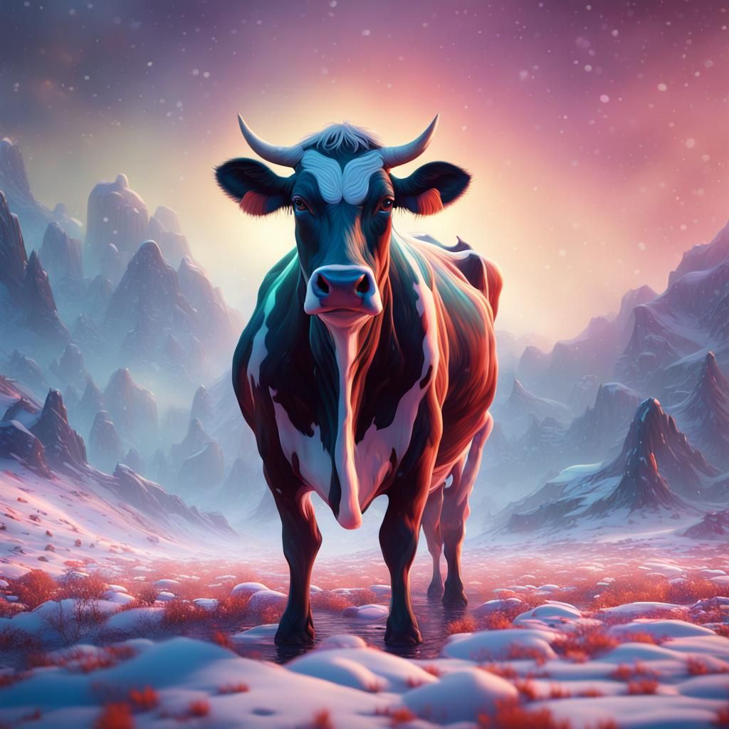 Cow in Multicolored Snow: Detailed Matte Painting