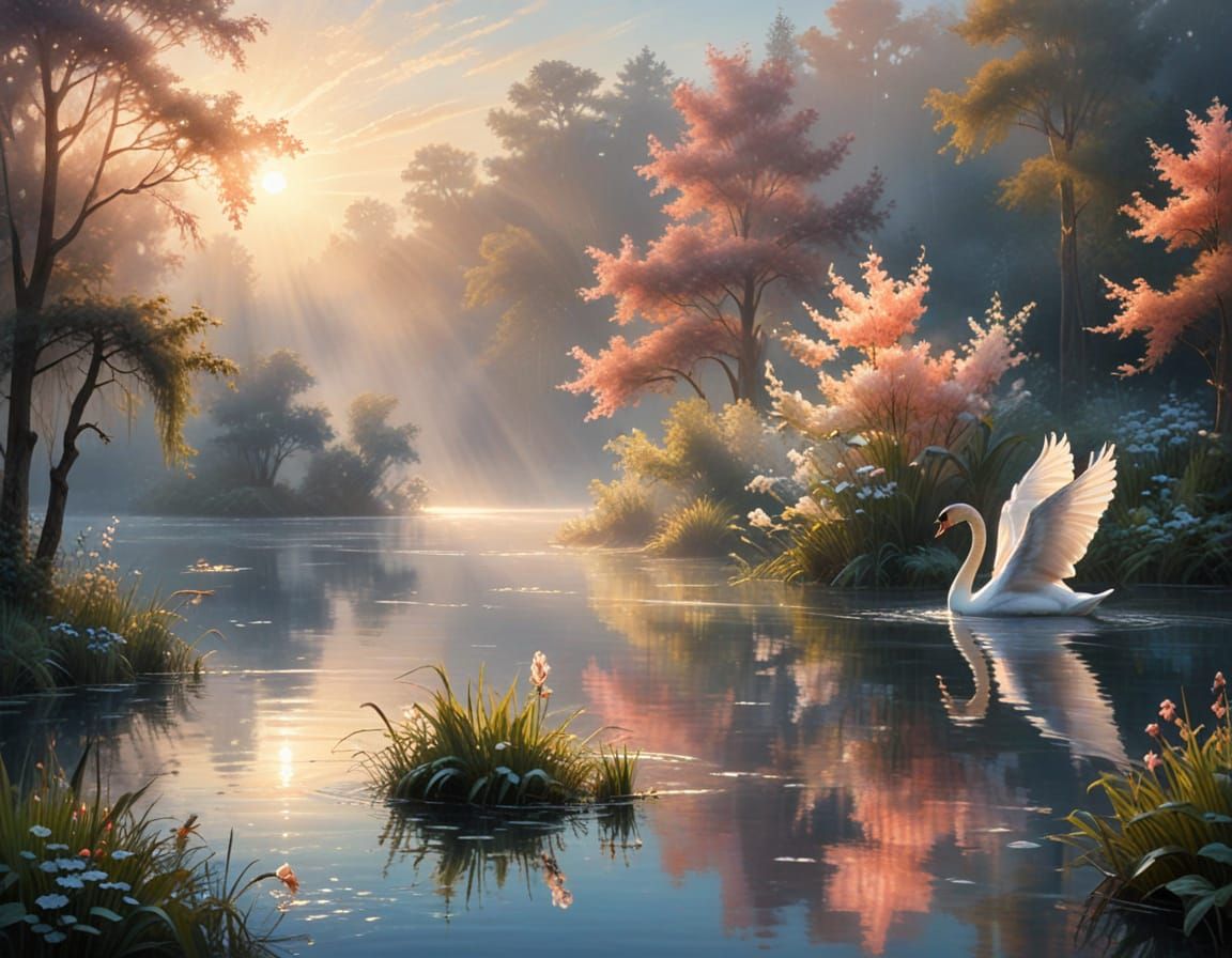 Ethereal Swan on a Misty Dawn Lake