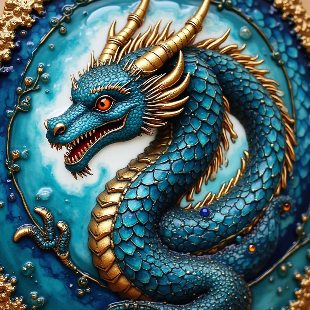 Dragon in Blue Alcohol Ink Glasswork with Gold Edging