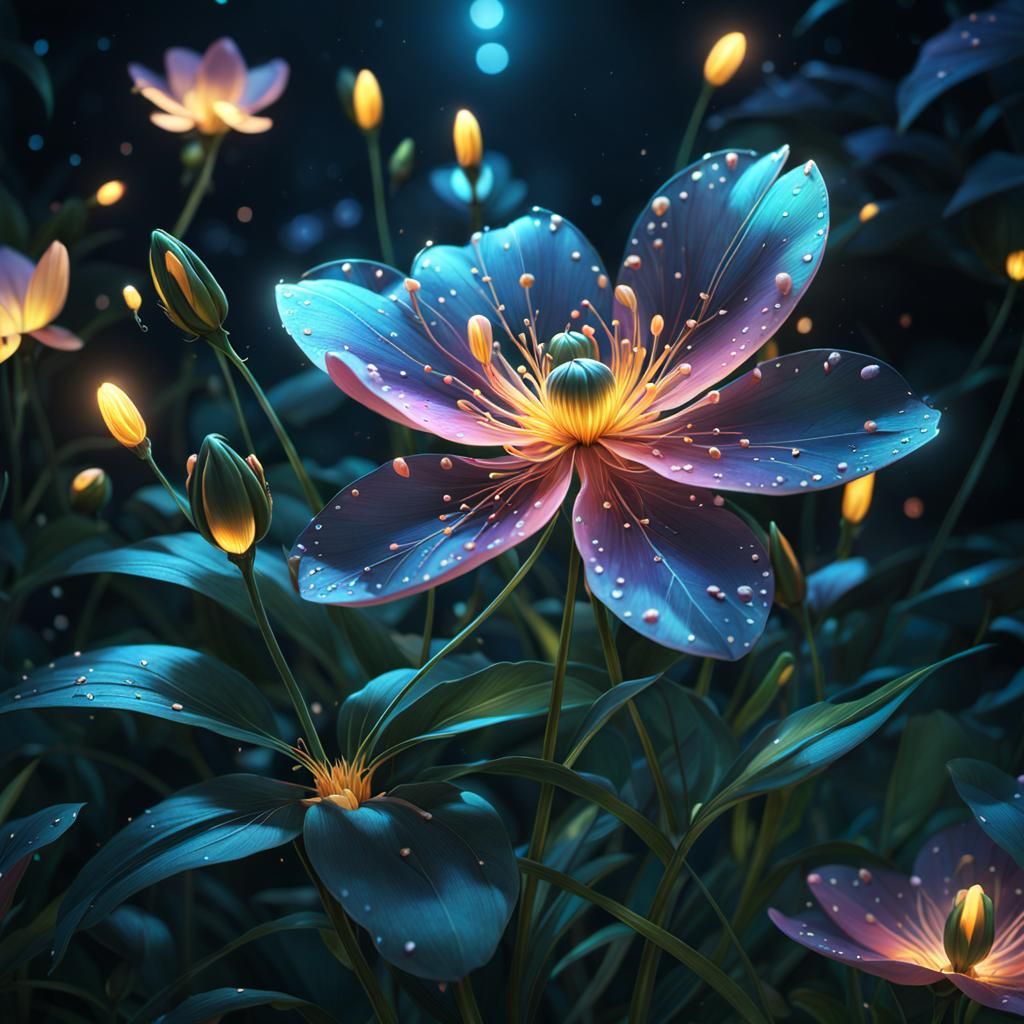 Bioluminescent Flower Concept Art with Fireflies