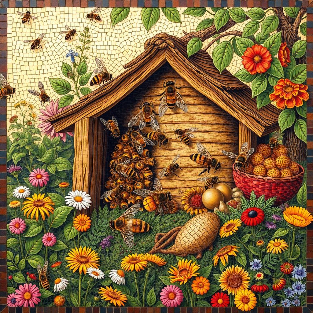 Ancient Roman Mosaic of Bees in Vibrant Pompeiian Style