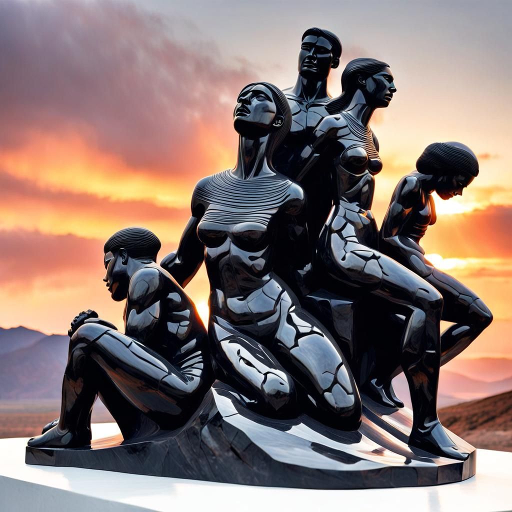 Obsidian Sculpture Installation with Fiery Sunrise