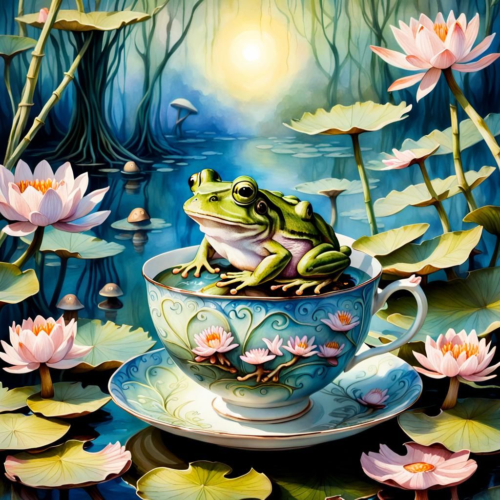 Frog in Teacup: Whimsical Fantasy Watercolor Art