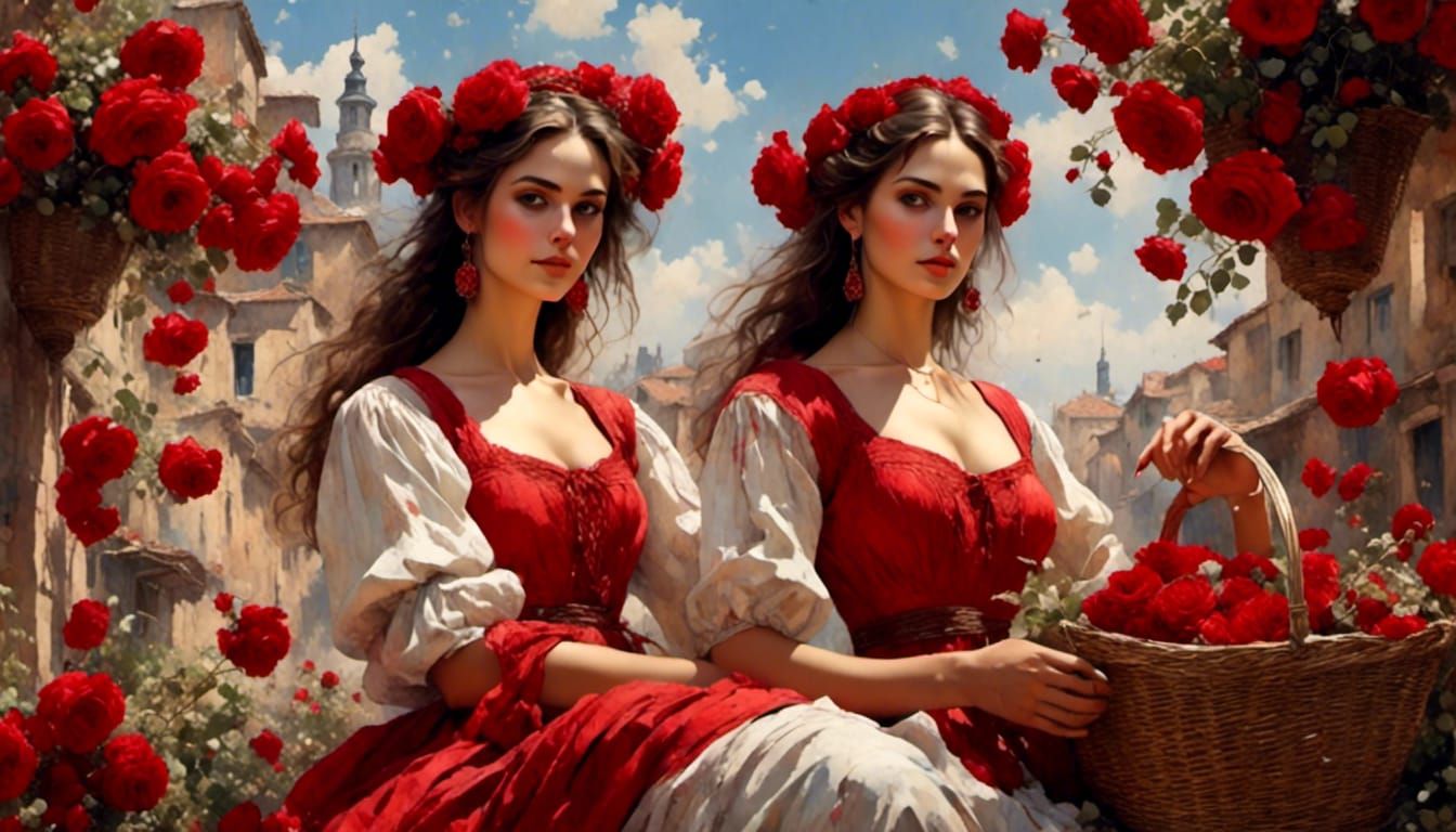 Bulgarian Women Harvesting Roses in Folklore Style