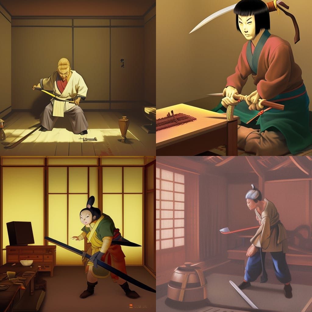 Miyamoto Usagi tempering his sword, Miyamoto Usagi by Stan Saka, in a traditonal Japanese room preparing his sword, earl...