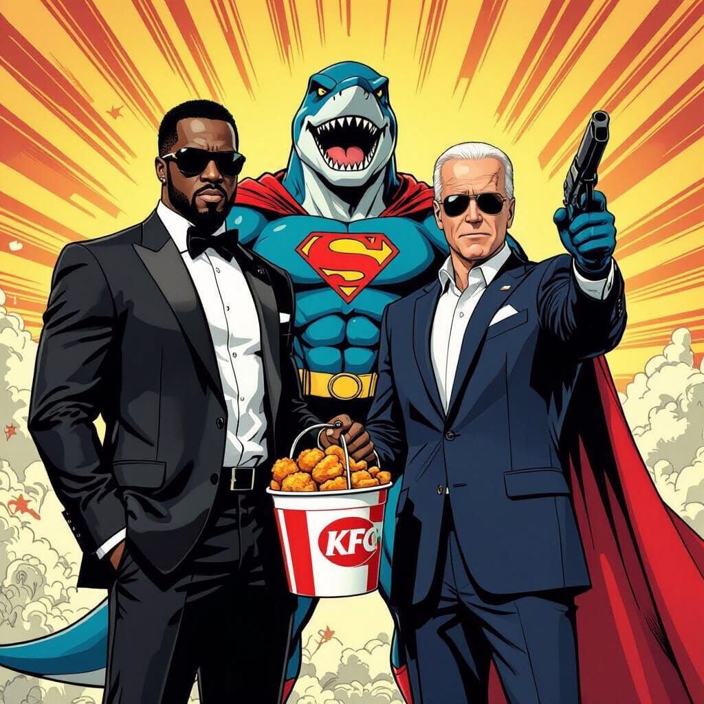 Diddy, Jeff the Land Shark, Biden on Omni-Man in Comic Style