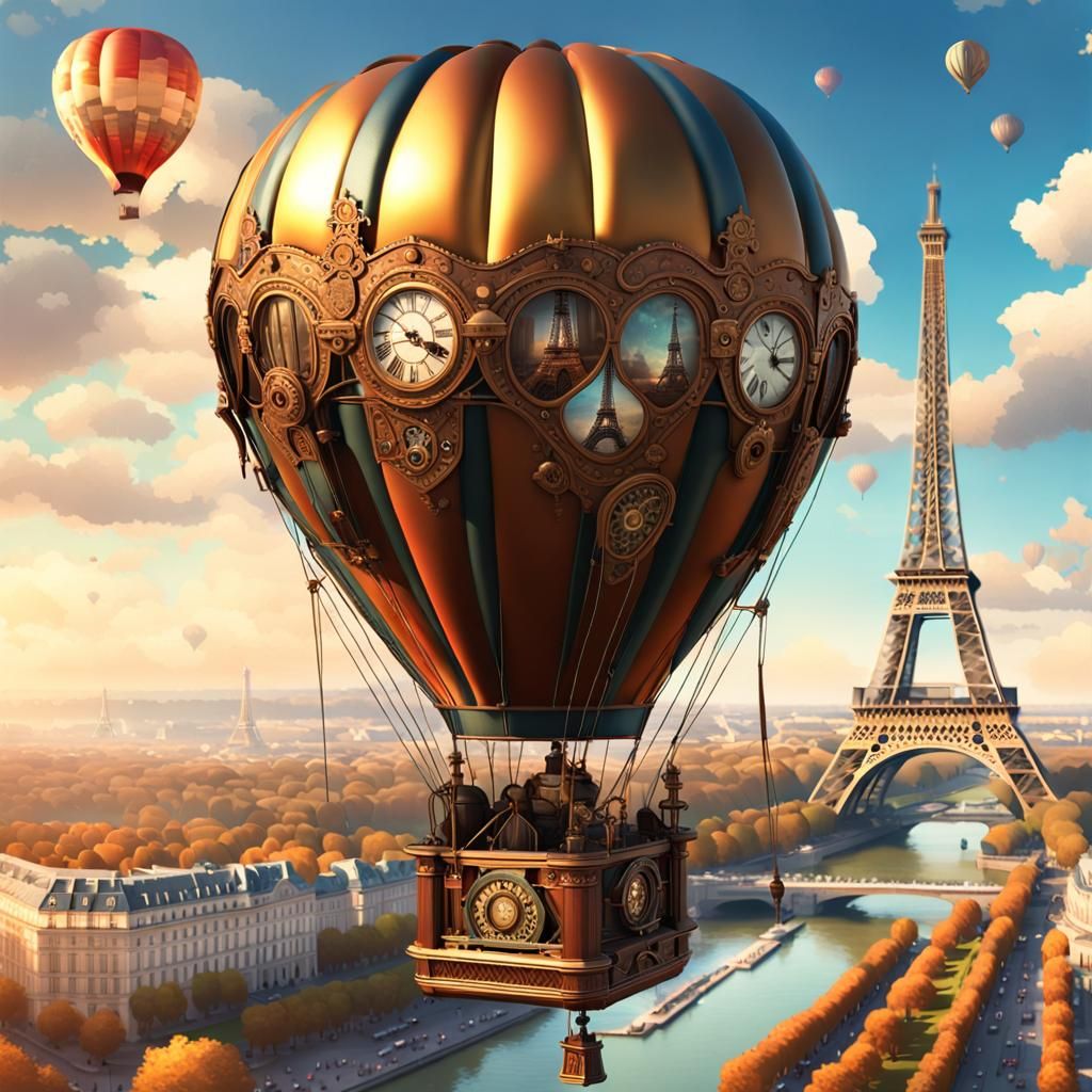 Steampunk Hot Air Balloon Over Eiffel Tower
