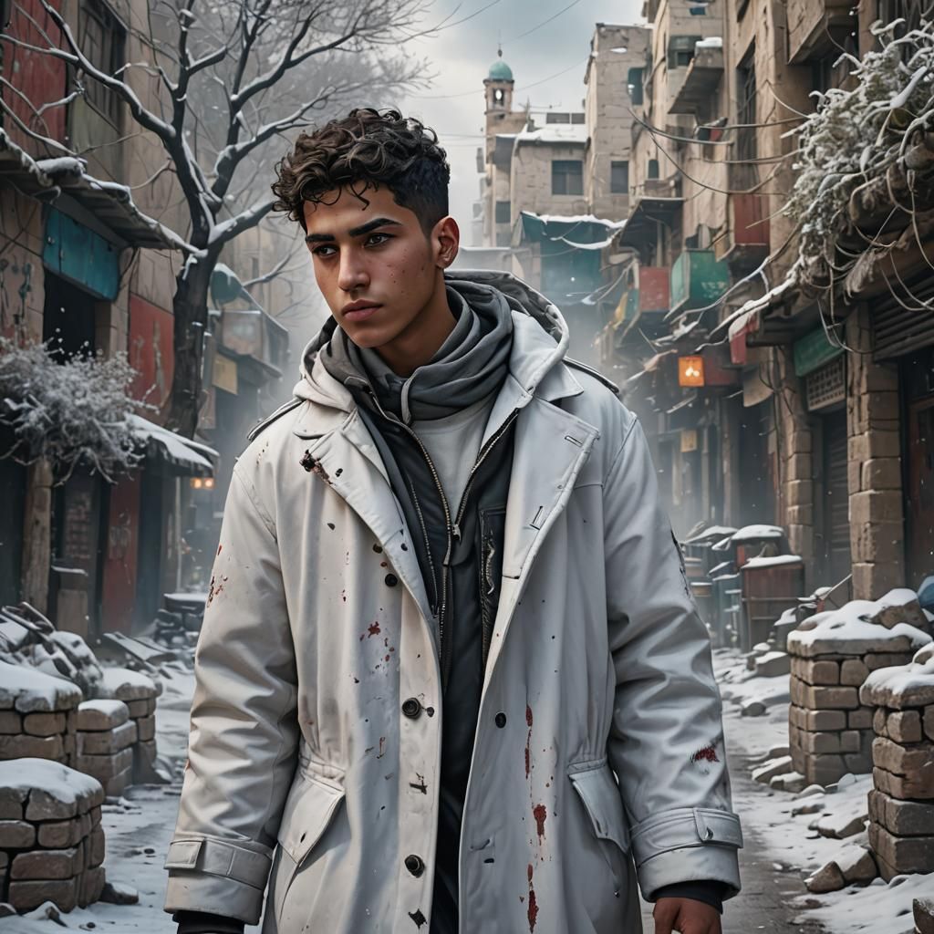 Palestinian Boy in Winter Coat: Detailed Matte Painting