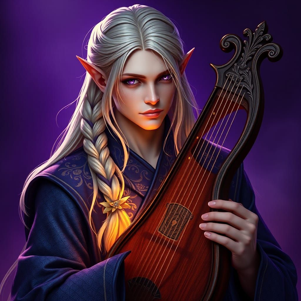 Ethereal Elf Bard with Lyre, Art Nouveau Style