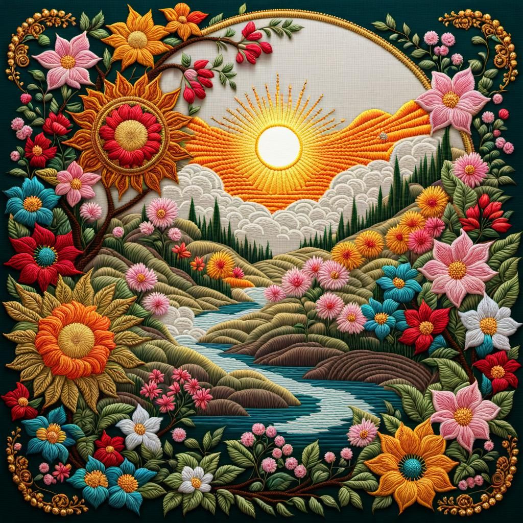 Rococo Embroidery: Sun Rising Over Blossoms