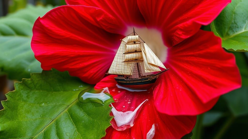 Hibiscus Flower with Ship Reflected in Dewdrop