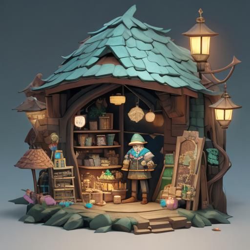 Shopkeeper Surrounded by Floating Treasure in 3D