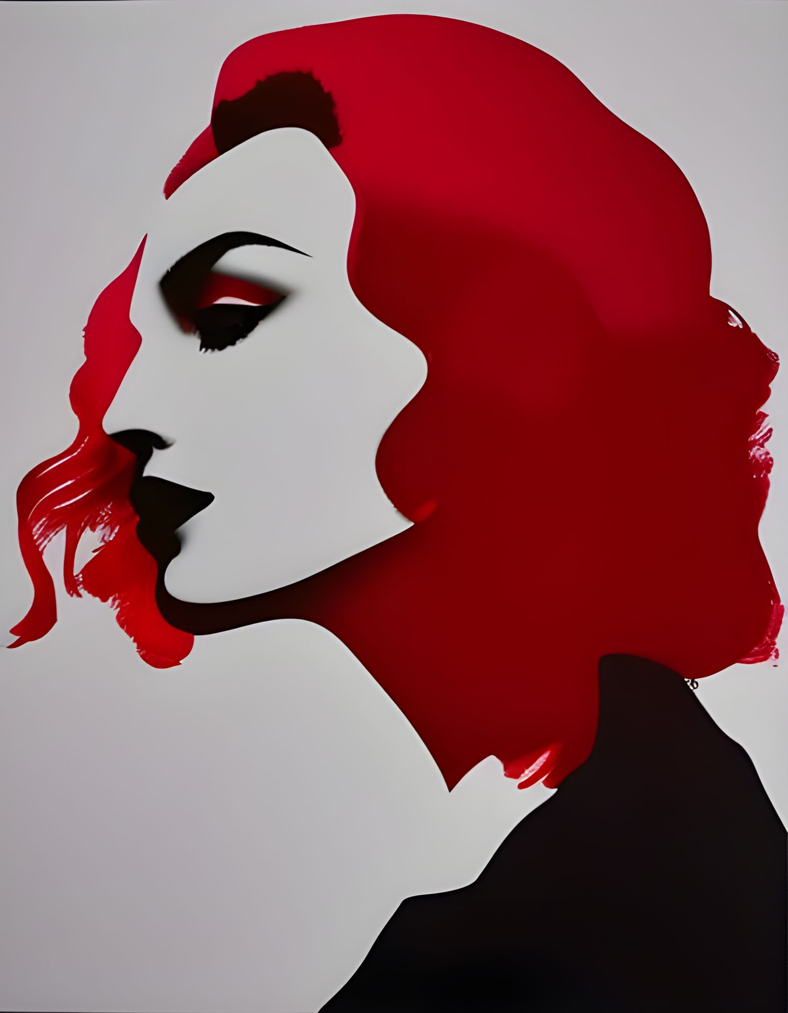 Girl's Profile in Red and Black Ink Wash