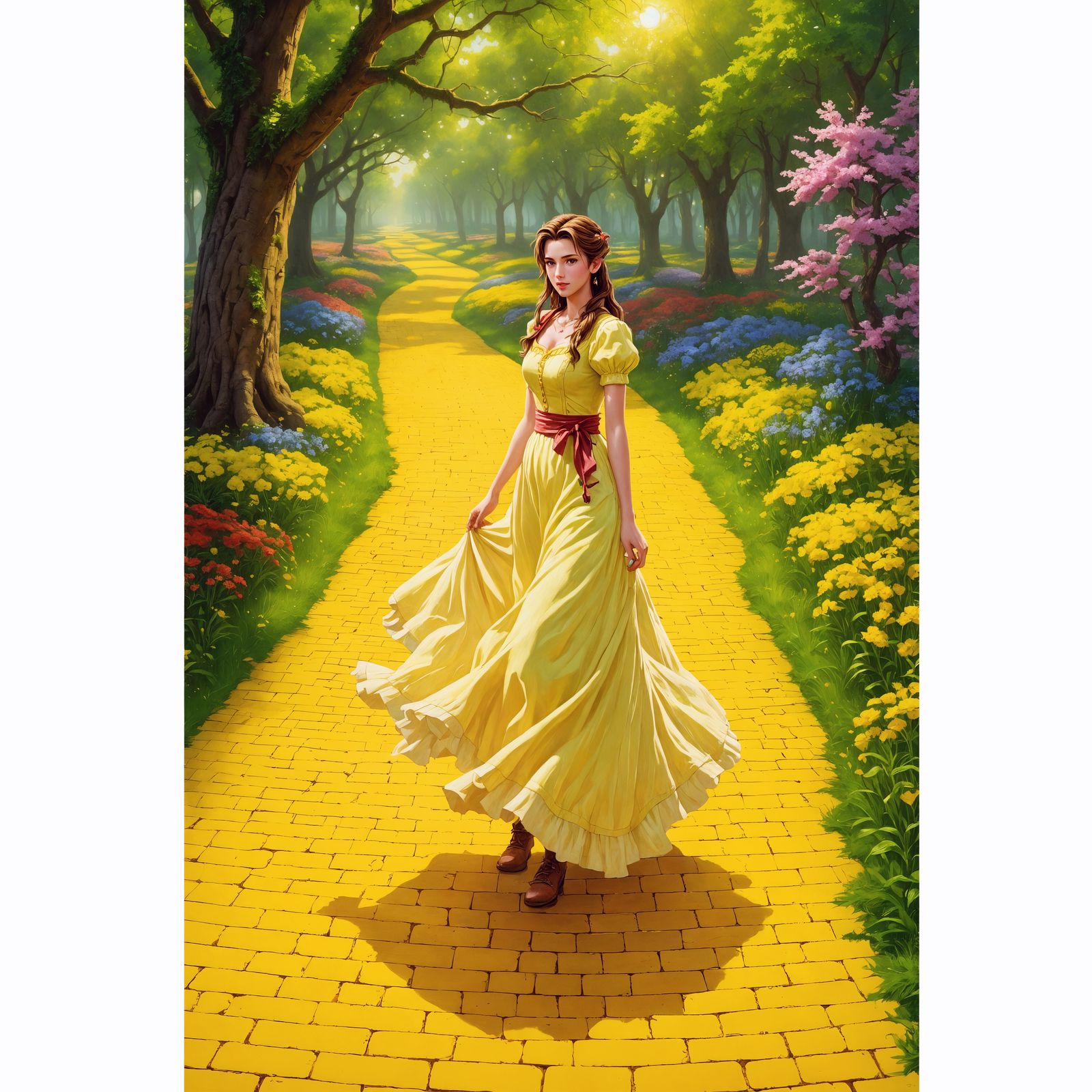 Ethereal Beauty on a Sunlit Brick Road in Dramatic Oil Paint...