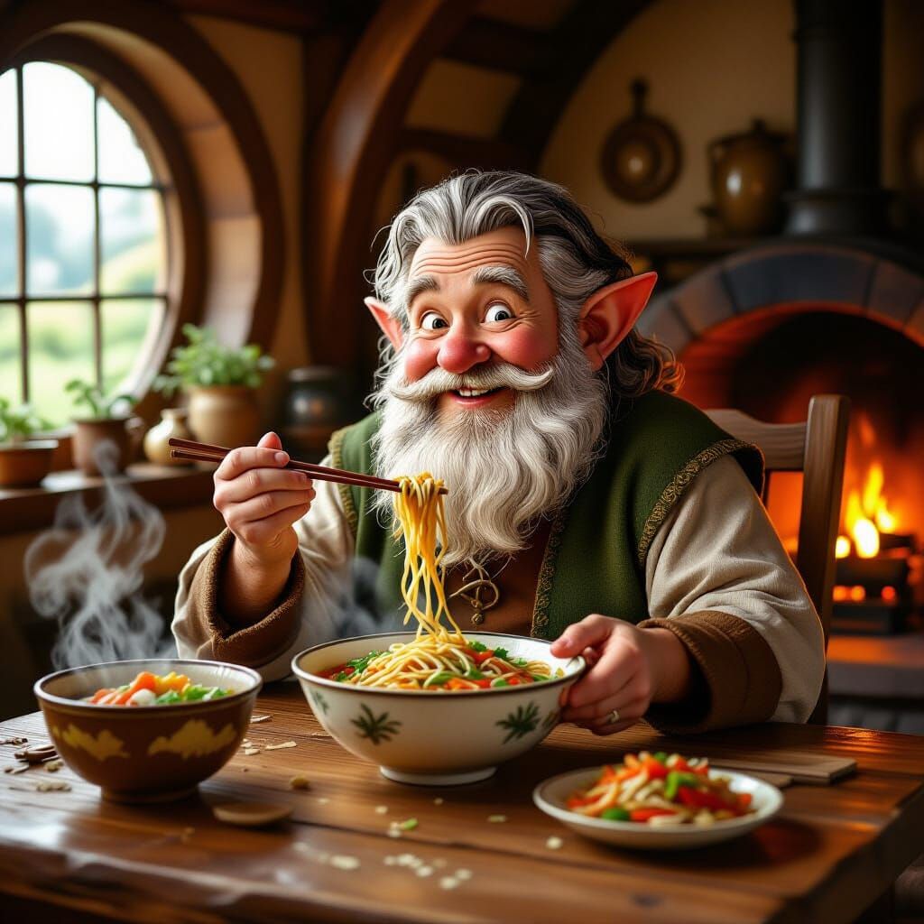 Hobbit Enjoys Chinese Food in Cozy Hobbit Hole
