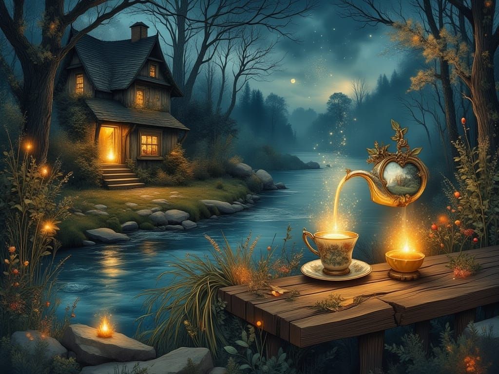 Enchanting Night Scene of Cottage by River