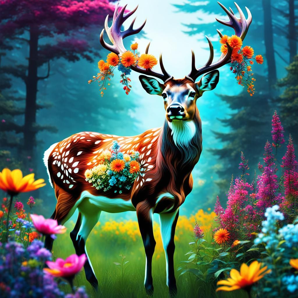 Floral Antler Double Exposure Digital Art