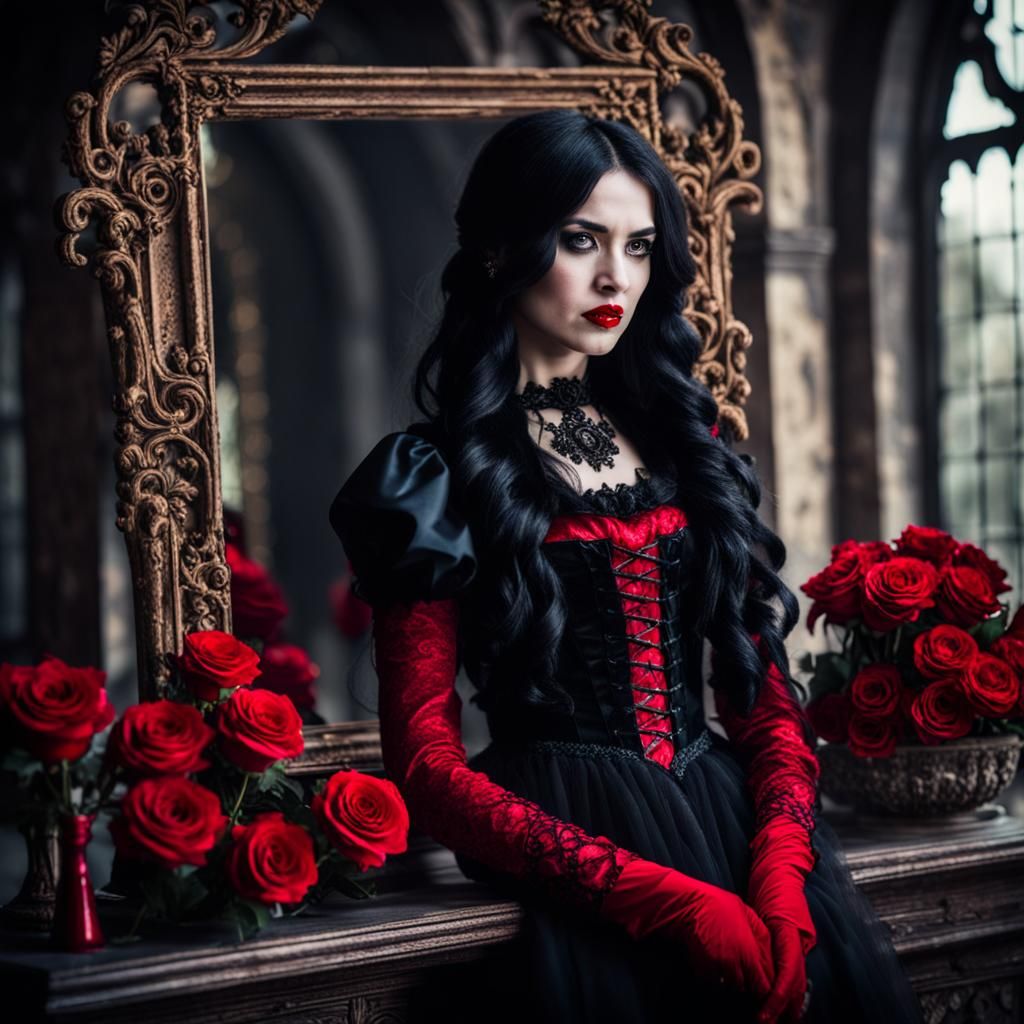 Gothic Vampire Queen in Victorian Dress with Roses