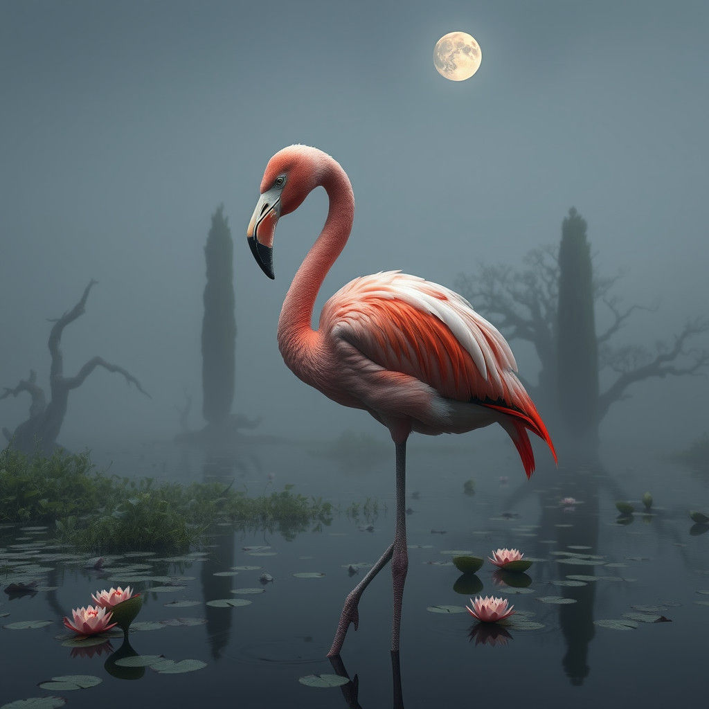 Flamingo-Human Hybrid in Misty Wetland