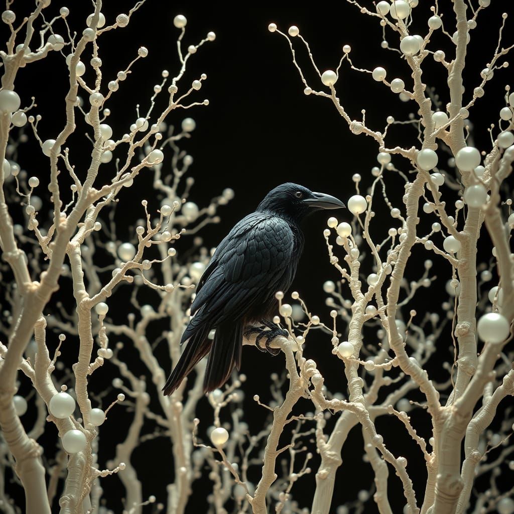 Raven in Luminous Pearl and Ivory Forest