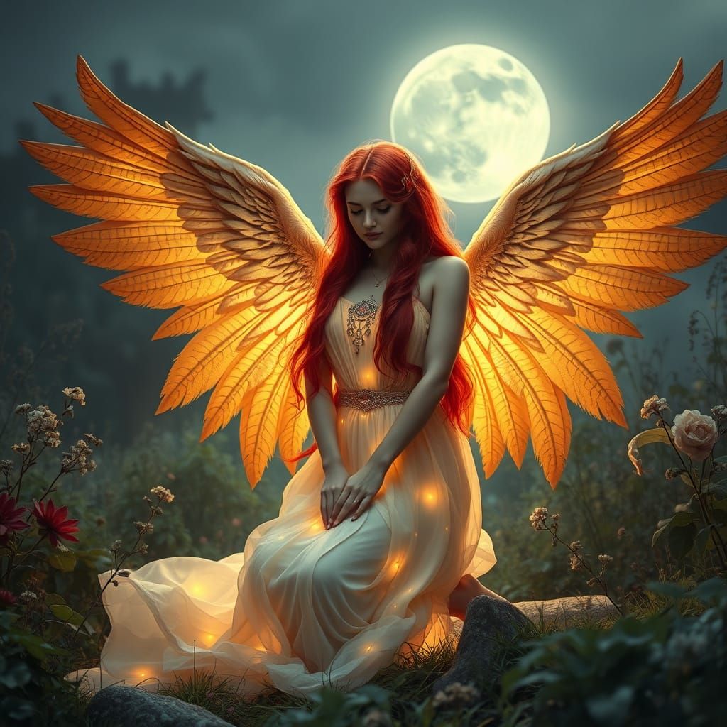 Celestial Angel in Moonlit Garden