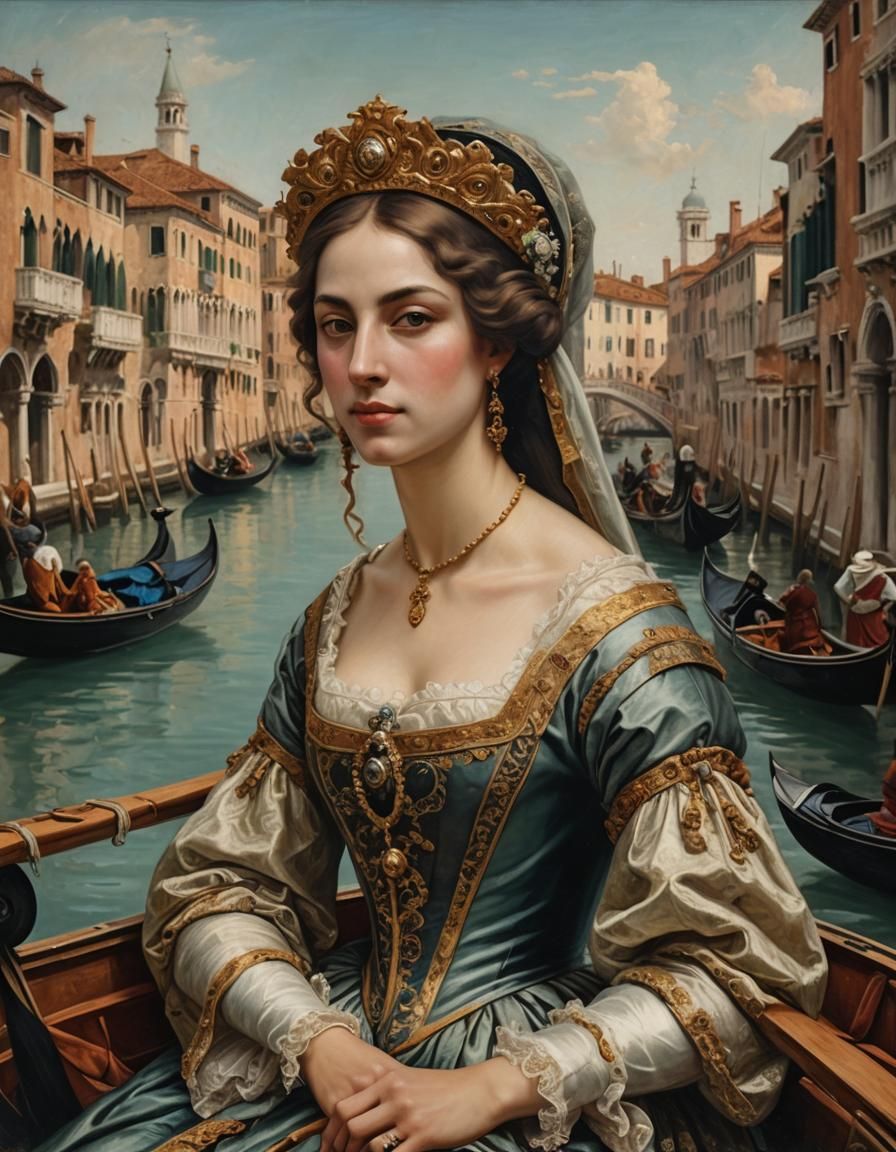 Renaissance Venetian Woman in Gondola, Oil Painting