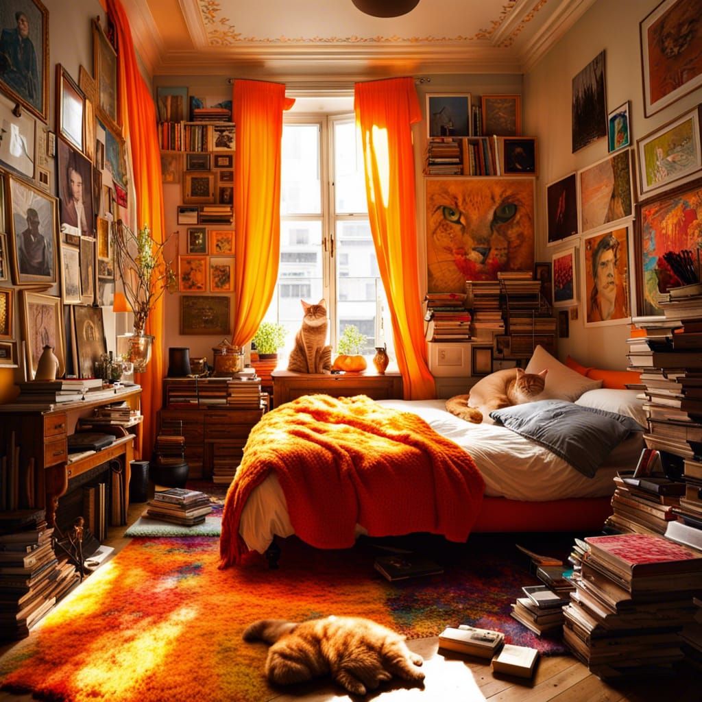Sunlit Bedroom with Books in Impasto Style