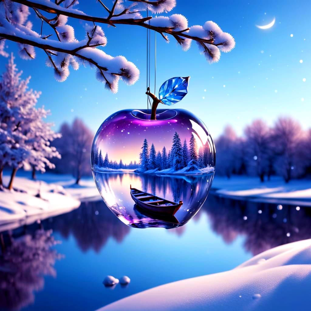 Surreal Glass Apple Containing a Serene Boat Scene at Full M...
