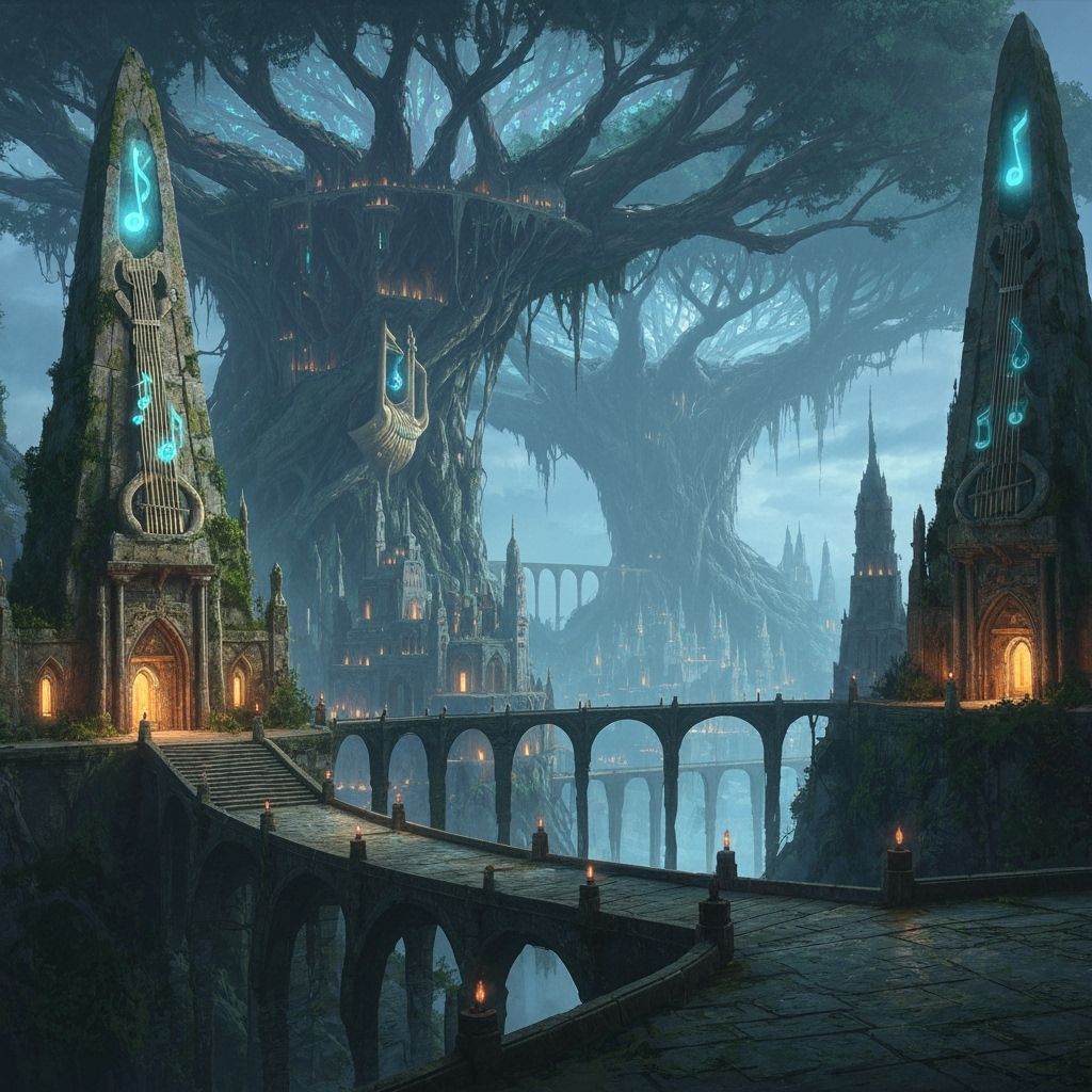 Ancient City on Bioluminescent Tree Branches