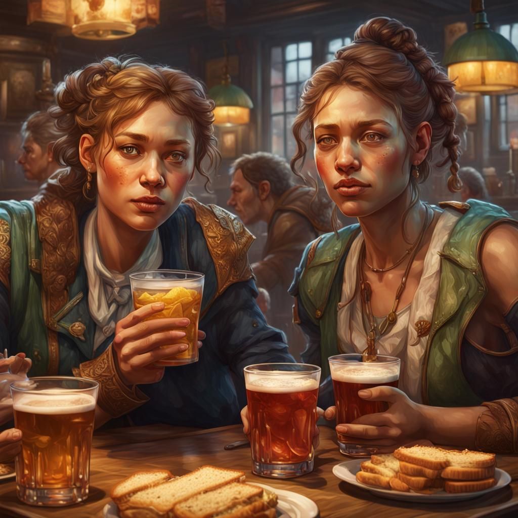Three Women in Pub: Detailed Digital Portrait