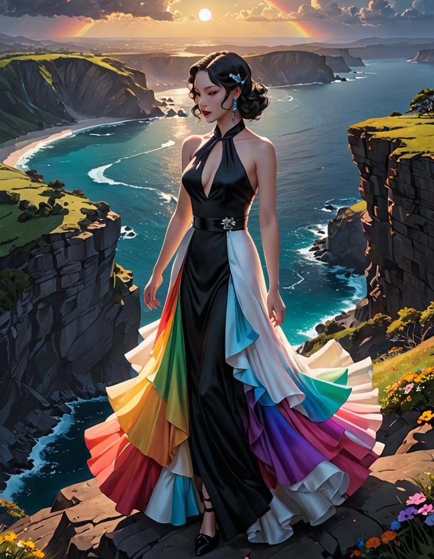 Anime Art: Cliffside View with Rainbow and 1930s Dress