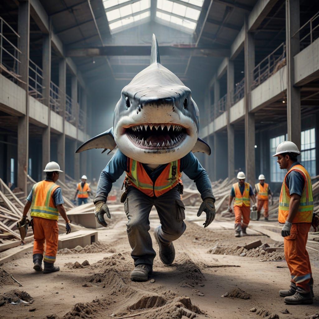 Construction Workers Carry Shark Through Site in HDR