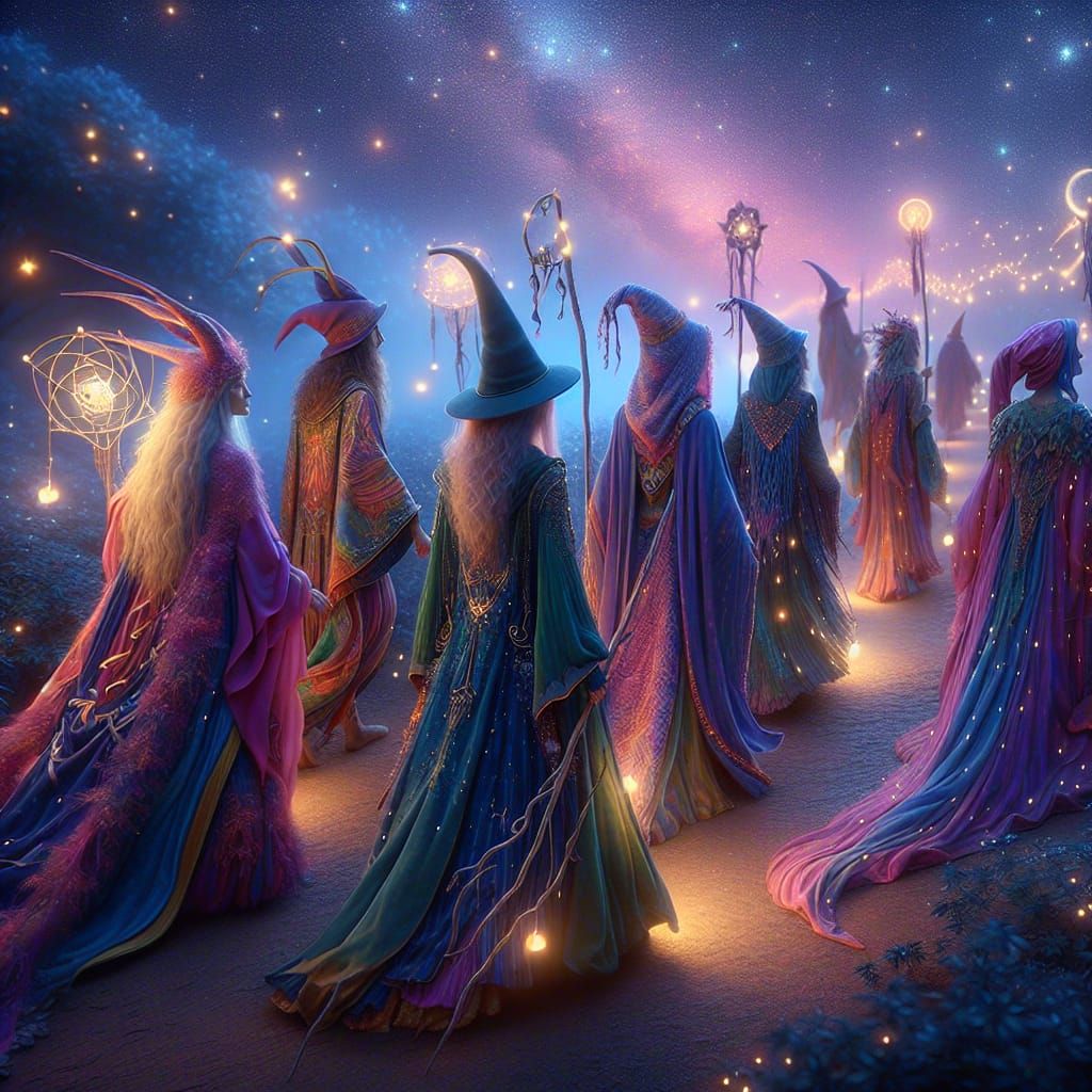 Ethereal Dreamers Stroll Under Starry Skies in Vibrant Cosmi...